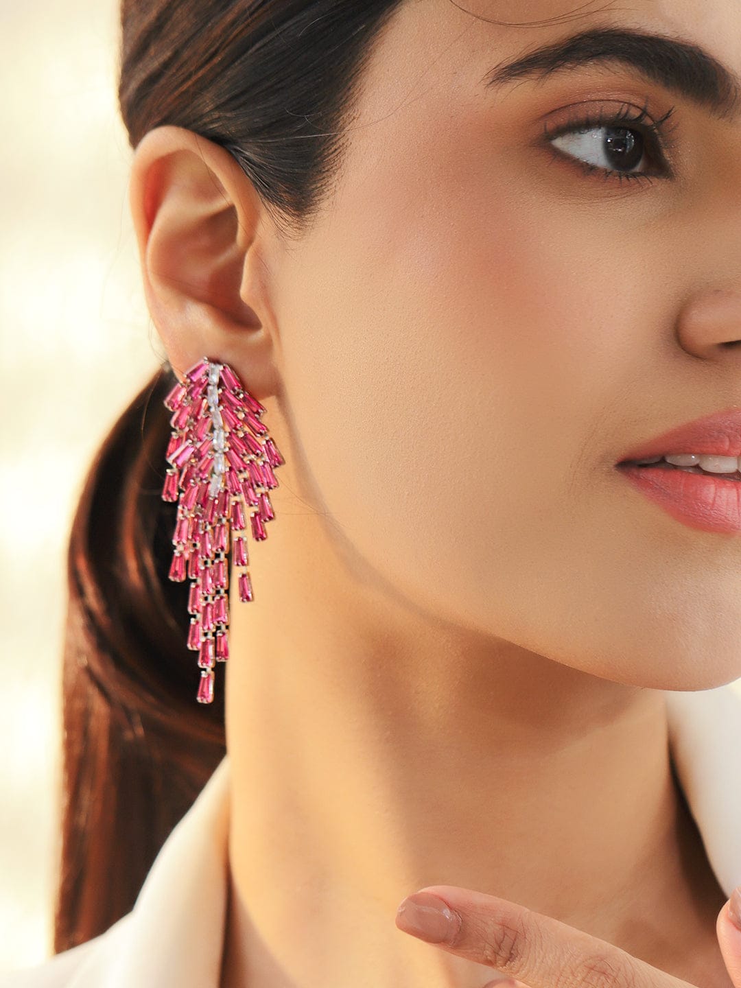 Rubans Voguish Rhodium-Plated Crystal Ruby Pink AD & Zirconia Tassel Danglers Earrings Earrings