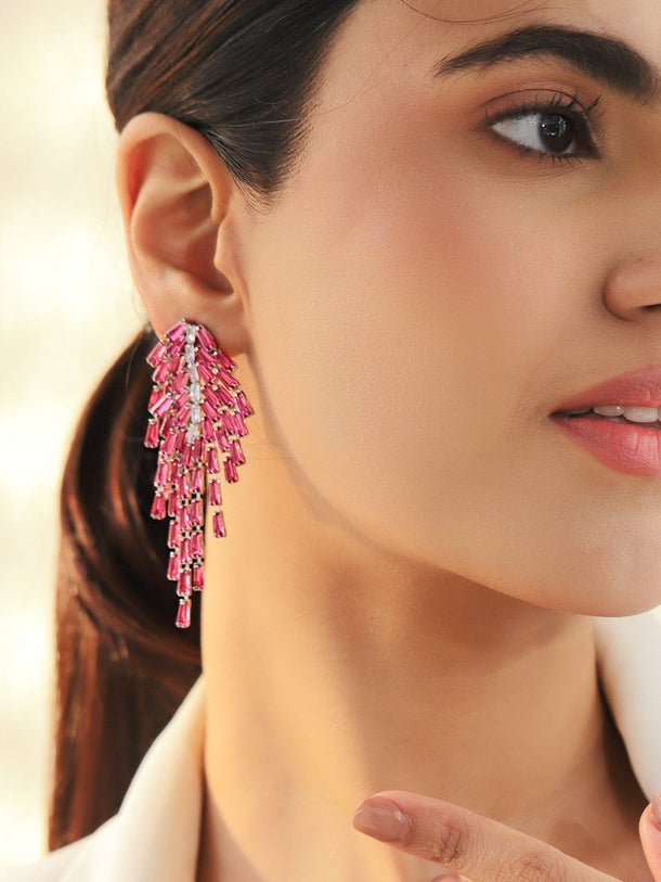 Rubans Voguish Rhodium-Plated Crystal Ruby Pink AD & Zirconia Tassel Danglers Earrings Earrings
