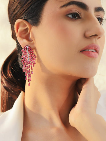 Rubans Voguish Rhodium-Plated Crystal Ruby Pink AD & Zirconia Tassel Danglers Earrings Earrings