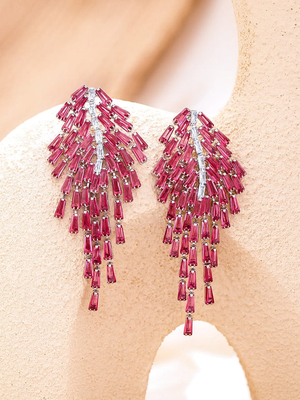 Rubans Voguish Rhodium-Plated Crystal Ruby Pink AD & Zirconia Tassel Danglers Earrings Earrings