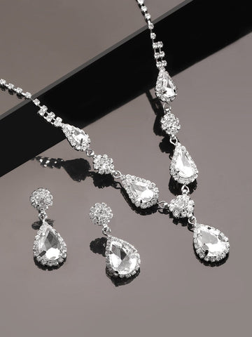 Rubans Voguish Rhodium plated crystal studded statement pendant necklace set Jewellery Sets