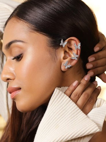 Rubans Voguish Rhodium-Plated Cubic Zirconia Studded Butterfly Design Statement Ear Cuff Earrings