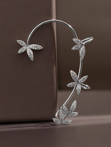 Rubans Voguish Rhodium-Plated Cubic Zirconia Studded Floral Design Statement Ear Cuff Earrings