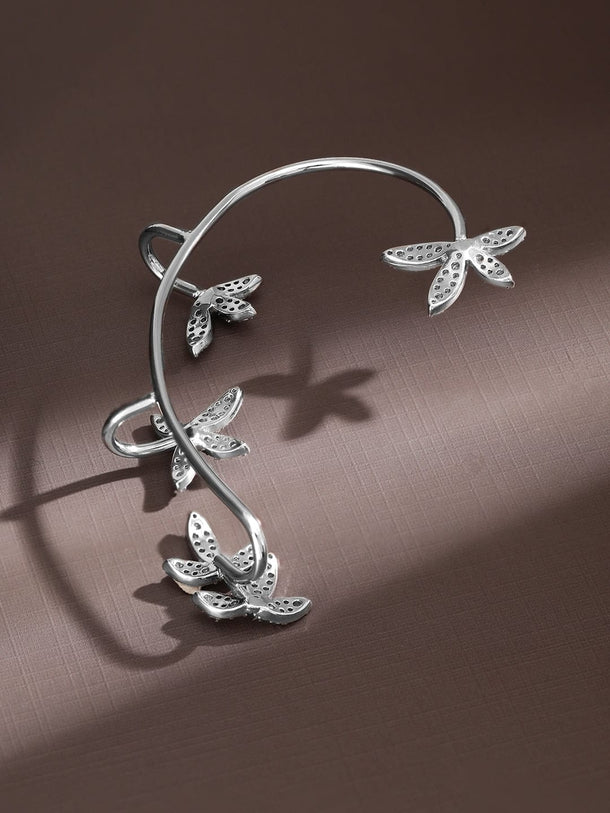 Rubans Voguish Rhodium-Plated Cubic Zirconia Studded Floral Design Statement Ear Cuffâ€“ 1 Piece Pack Earrings