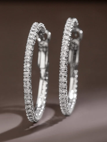 Rubans Voguish Rhodium-Plated Cubic Zirconia Studded Hoop Earrings Earrings