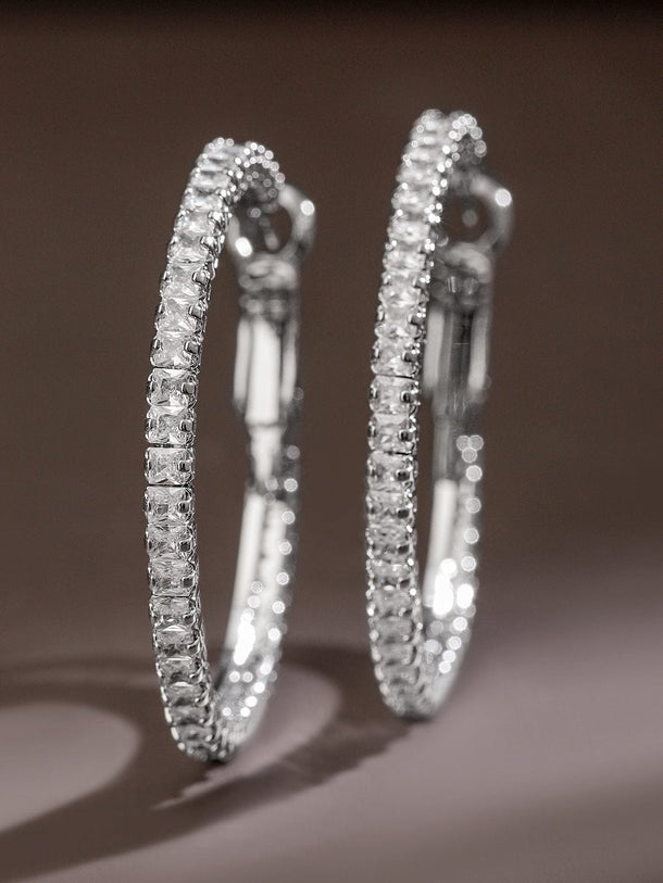 Rubans Voguish Rhodium-Plated Cubic Zirconia Studded Hoop Earrings Earrings