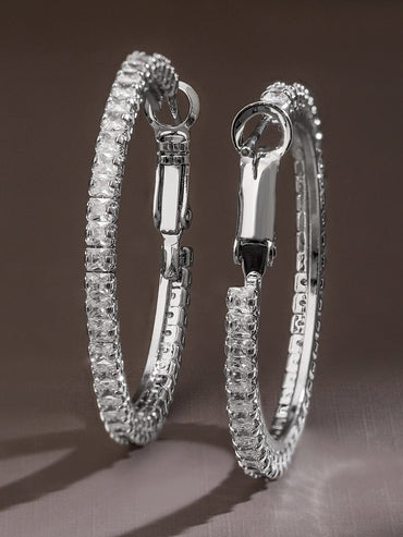Rubans Voguish Rhodium-Plated Cubic Zirconia Studded Hoop Earrings Earrings