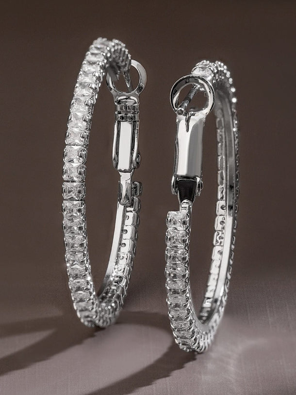 Rubans Voguish Rhodium-Plated Cubic Zirconia Studded Hoop Earrings Earrings