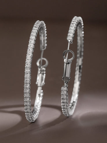 Rubans Voguish Rhodium-Plated Cubic Zirconia Studded Hoop Earrings Earrings