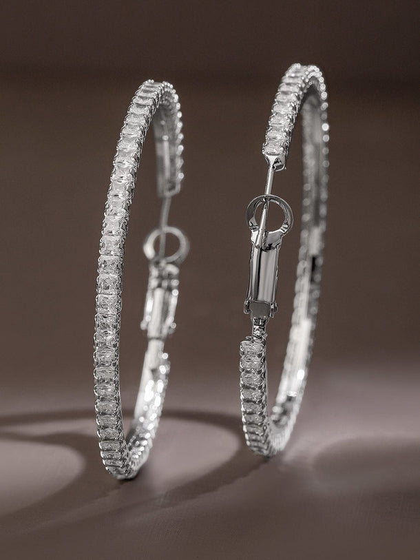 Rubans Voguish Rhodium-Plated Cubic Zirconia Studded Hoop Earrings Earrings