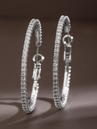 Rubans Voguish Rhodium-Plated Cubic Zirconia Studded Hoop Earrings Earrings