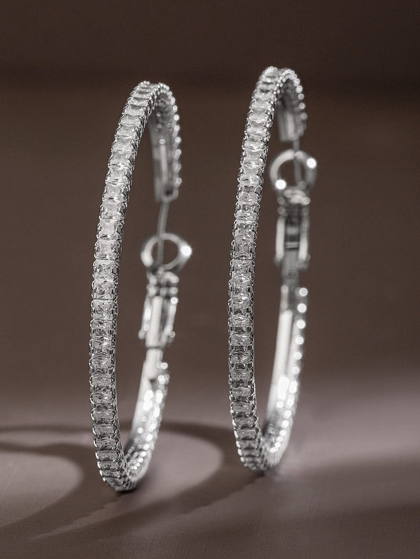 Rubans Voguish Rhodium-Plated Cubic Zirconia Studded Hoop Earrings Earrings