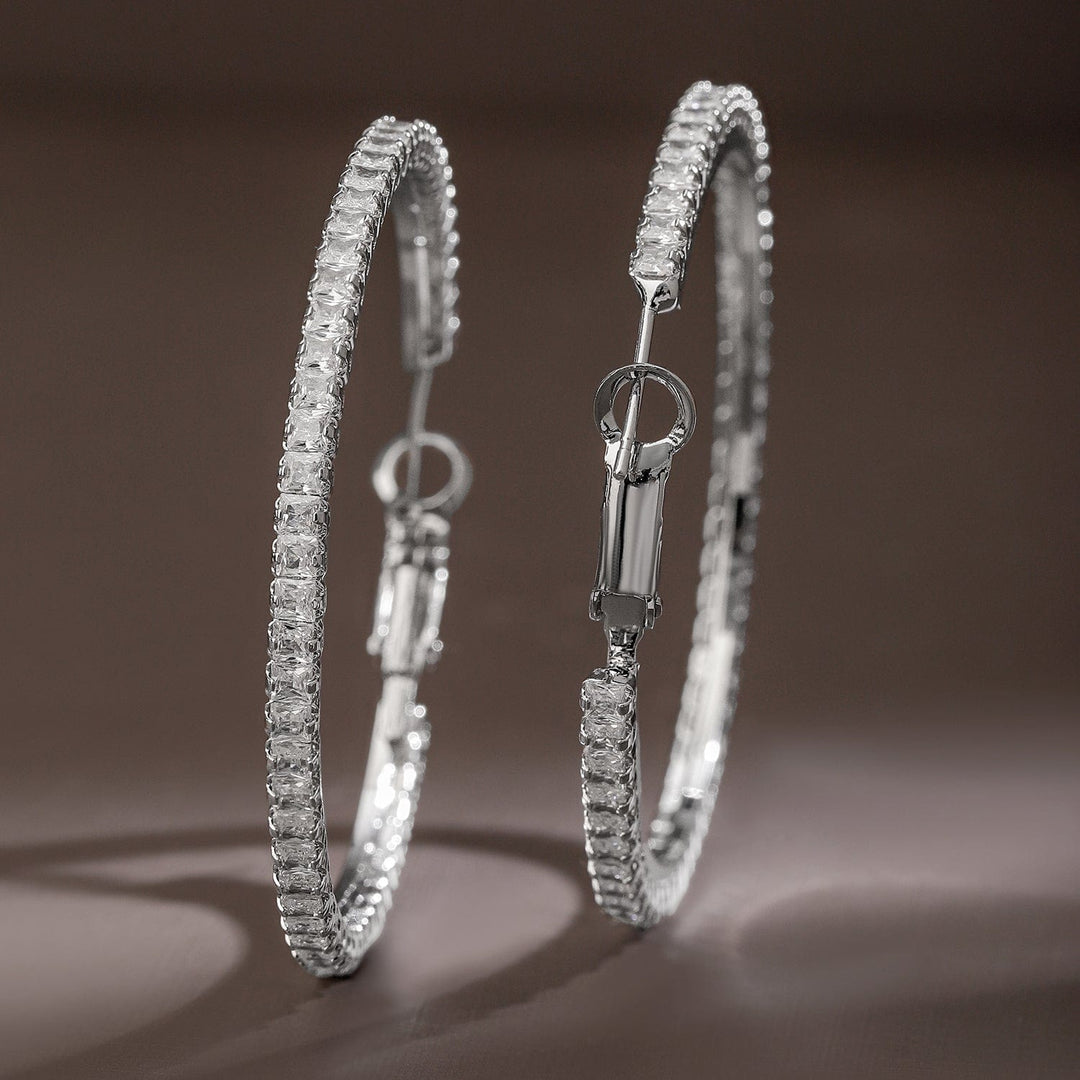 Rubans Voguish Rhodium-Plated Cubic Zirconia Studded Hoop Earrings Earrings