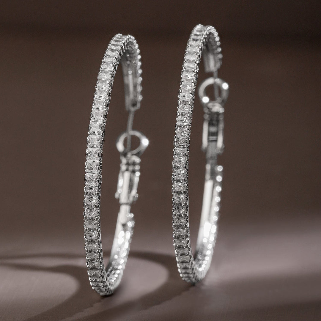 Rubans Voguish Rhodium-Plated Cubic Zirconia Studded Hoop Earrings Earrings