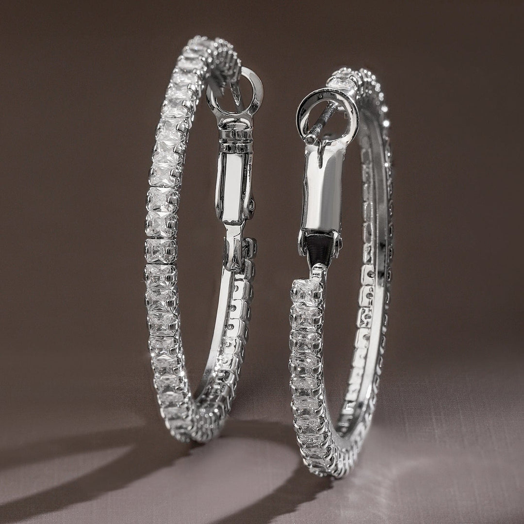 Rubans Voguish Rhodium-Plated Cubic Zirconia Studded Hoop Earrings Earrings