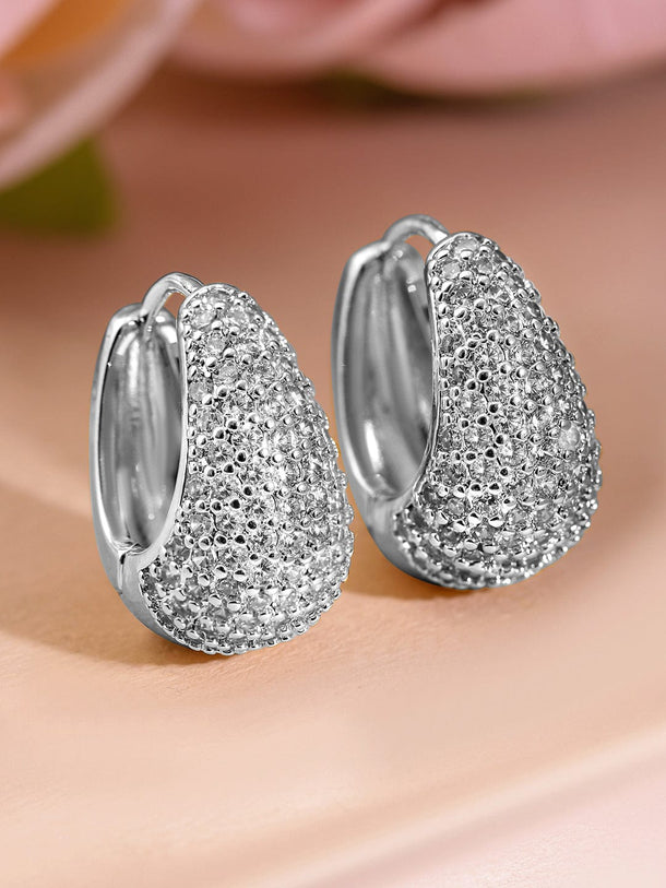 Rubans Voguish Rhodium-Plated Cubic Zirconia Studded Teardrop Hoop Earrings Earrings