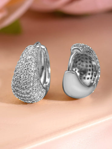Rubans Voguish Rhodium-Plated Cubic Zirconia Studded Teardrop Hoop Earrings Earrings