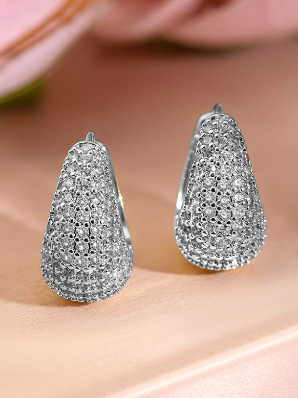 Rubans Voguish Rhodium-Plated Cubic Zirconia Studded Teardrop Hoop Earrings Earrings