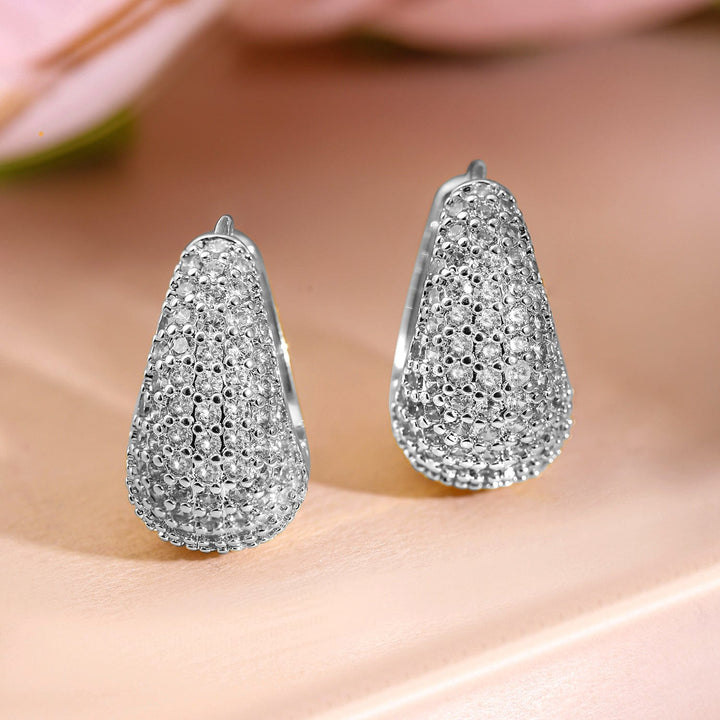 Rubans Voguish Rhodium-Plated Cubic Zirconia Studded Teardrop Hoop Earrings Earrings