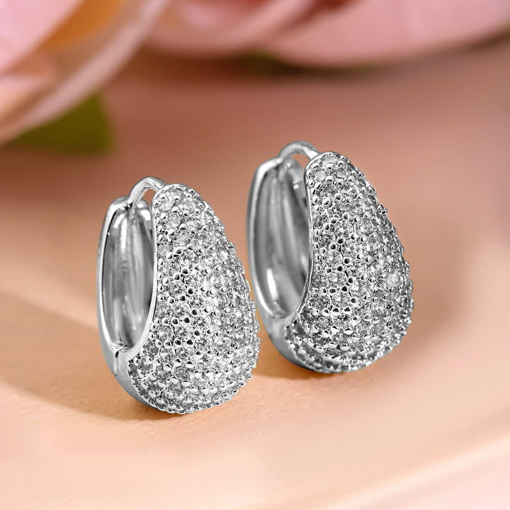 Rubans Voguish Rhodium-Plated Cubic Zirconia Studded Teardrop Hoop Earrings Earrings