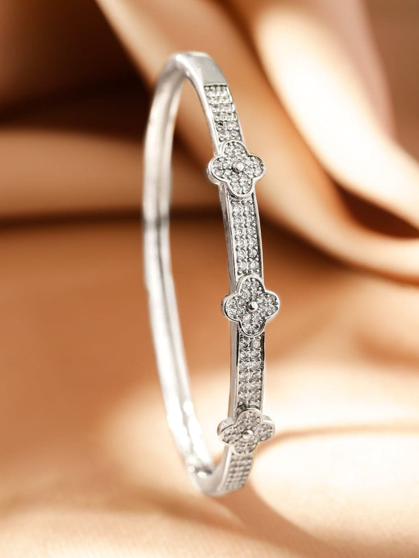 Rubans Voguish Rhodium-Plated Floral Motif Bangle Style Bracelete with Cubic Zirconia Wristwear