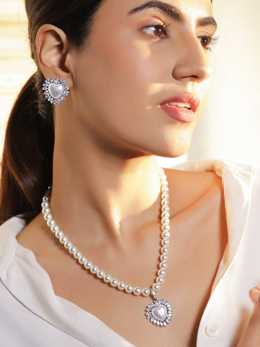 Rubans Voguish Rhodium-Plated Heart Pearl Necklace Set with Crystal White Cubic Zirconia Necklaces, Necklace Sets, Chains & Mangalsutra