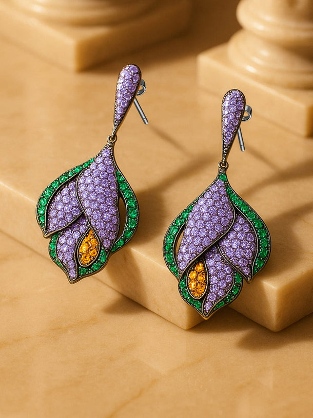 Rubans Voguish Rhodium-Plated Lavender, Emerald & Orange AD & Cubic Zirconia Studded Drop Earrings Drop