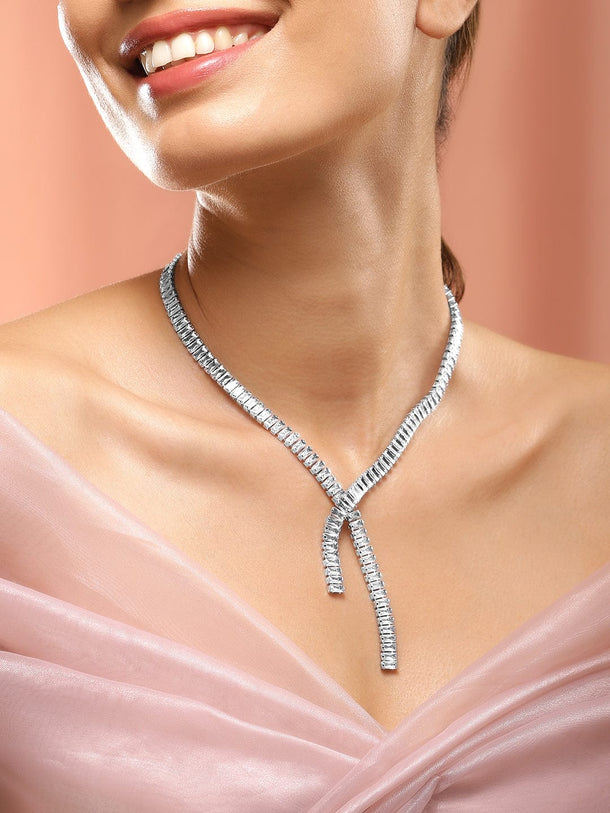 Rubans Voguish Rhodium-Plated Modern Y-Shape Link Chain Necklace with Crystal AD Stones Necklace