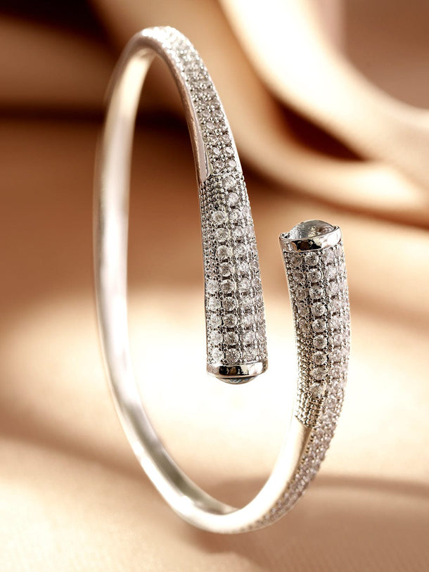 Rubans Voguish Rhodium-Plated Open Cuff Bracelet with Cubic Zirconia Detailing Wristwear