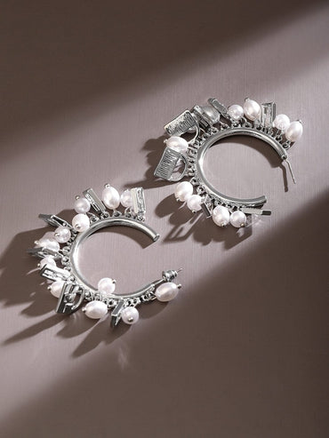 Rubans Voguish Rhodium-Plated Pearl Bead & Cubic Zirconia Studded Hoop Earrings Earrings