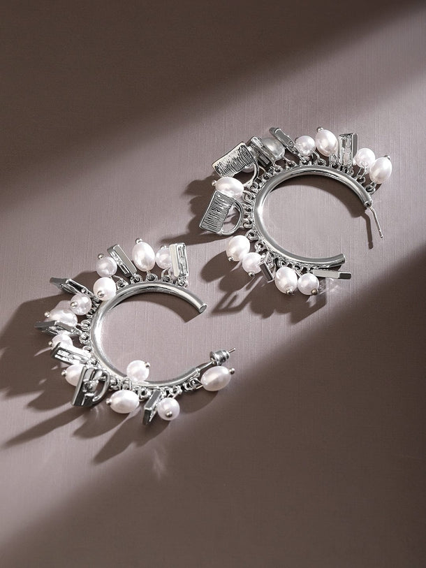 Rubans Voguish Rhodium-Plated Pearl Bead & Cubic Zirconia Studded Hoop Earrings Earrings