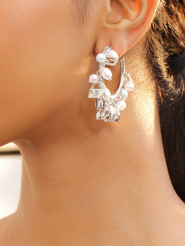 Rubans Voguish Rhodium-Plated Pearl Bead & Cubic Zirconia Studded Hoop Earrings Earrings