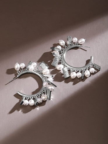 Rubans Voguish Rhodium-Plated Pearl Bead & Cubic Zirconia Studded Hoop Earrings Earrings