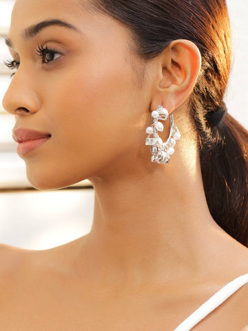 Rubans Voguish Rhodium-Plated Pearl Bead & Cubic Zirconia Studded Hoop Earrings Earrings