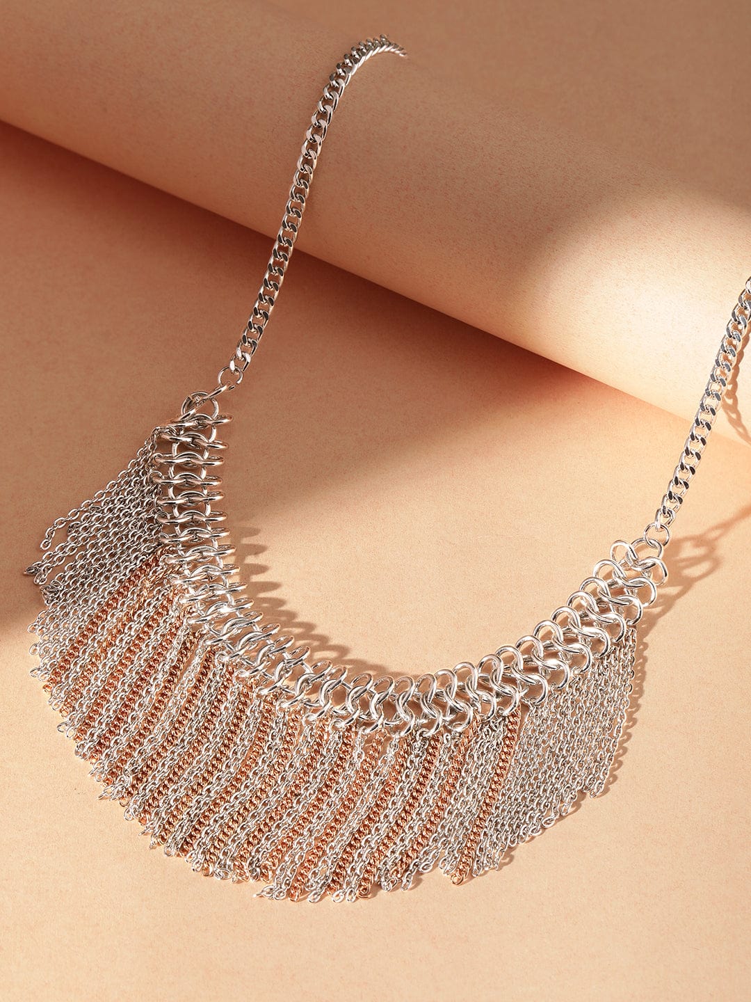 Rubans Voguish Rhodium plated & Rose Gold Link chain Tassels Necklace Necklace