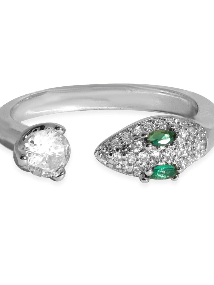 Rubans Voguish Rhodium plated Serpent motif with Green Zirconia Studded Detail Ring Rings