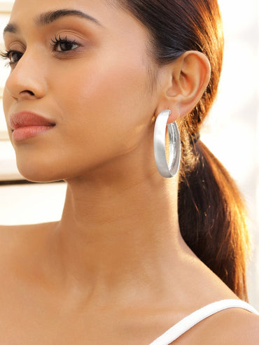 Rubans Voguish Rhodium-Plated Sleek Wide Hoop Earrings in Silver Tone Earrings