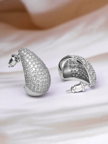 Rubans Voguish Rhodium Plated Sparkling AD & Cubic Zirconia Studded Teardrop Earrings Stud