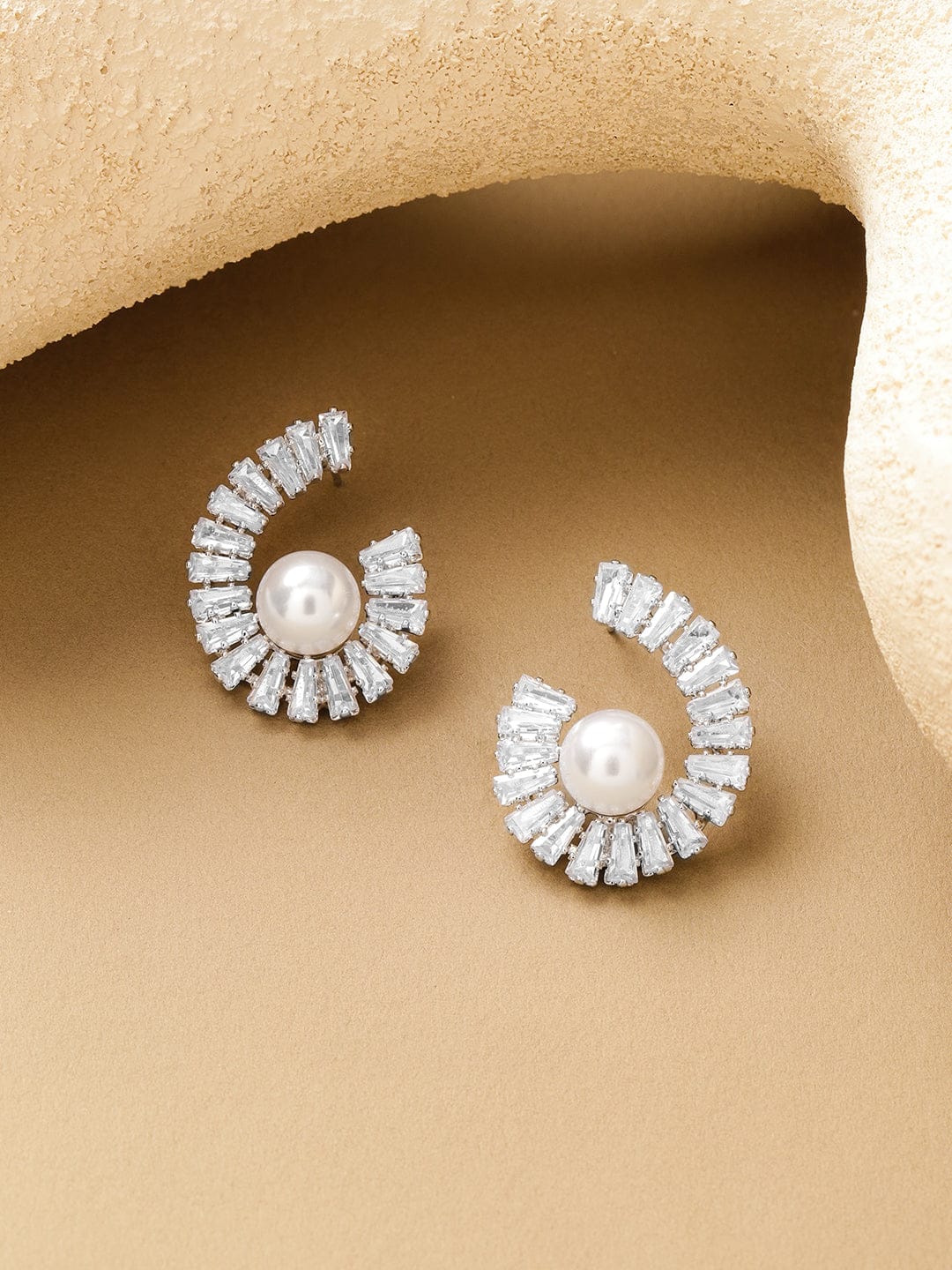 Rubans Voguish Rhodium Plated Spiral Crystal AD & White Pearl Stud Earrings Earrings