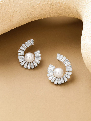 Rubans Voguish Rhodium Plated Spiral Crystal AD & White Pearl Stud Earrings Earrings