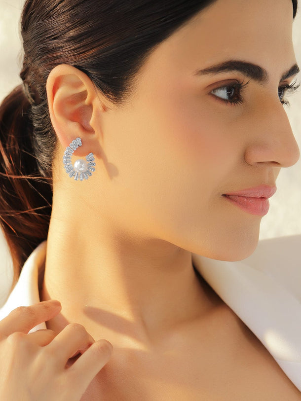 Rubans Voguish Rhodium Plated Spiral Crystal AD & White Pearl Stud Earrings Earrings