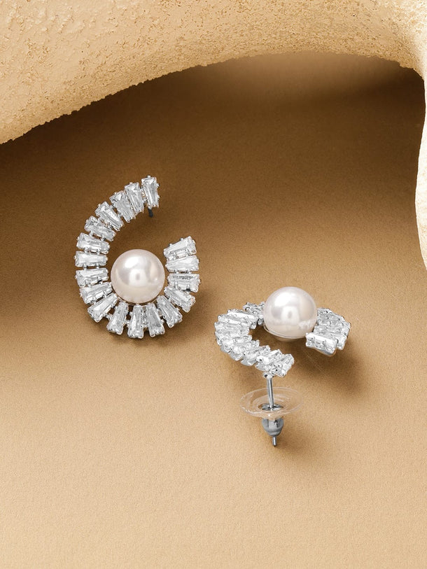 Rubans Voguish Rhodium Plated Spiral Crystal AD & White Pearl Stud Earrings Earrings