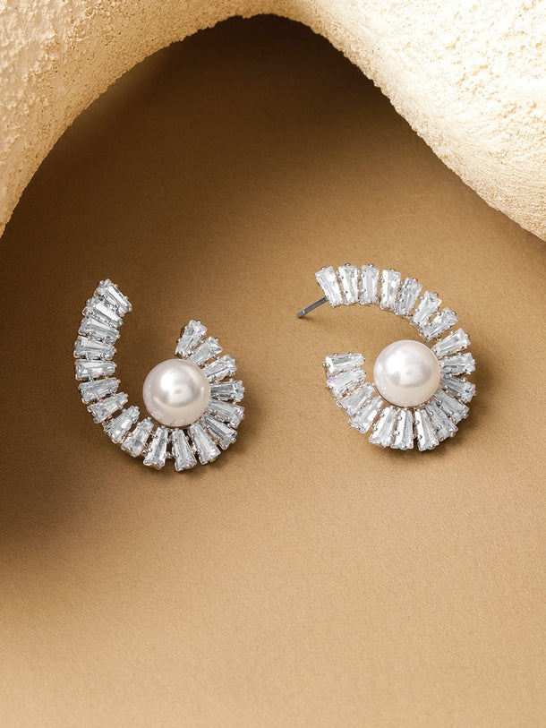 Rubans Voguish Rhodium Plated Spiral Crystal AD & White Pearl Stud Earrings Earrings
