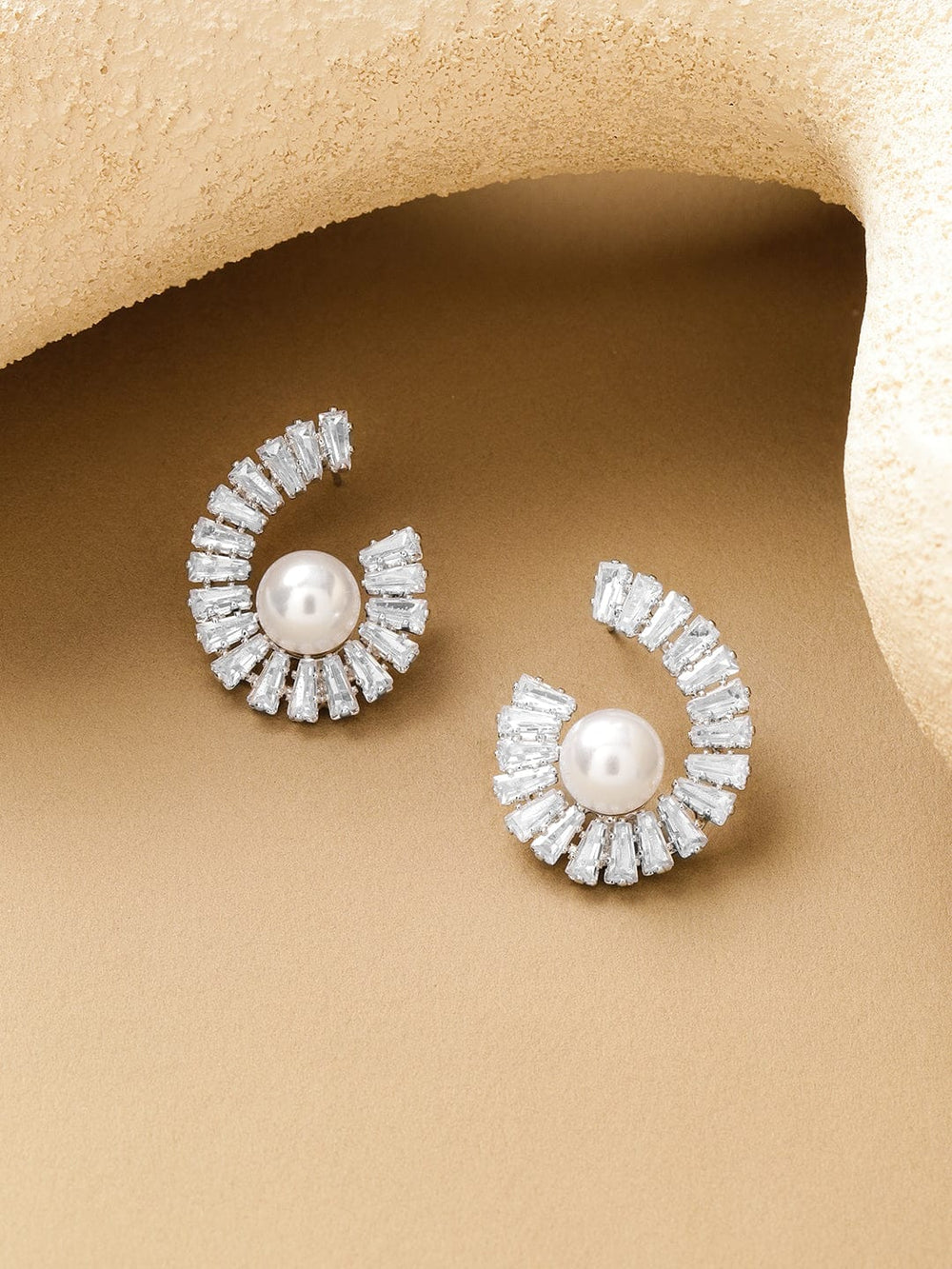 Rubans Voguish Rhodium Plated Spiral Crystal AD & White Pearl Stud Earrings Earrings