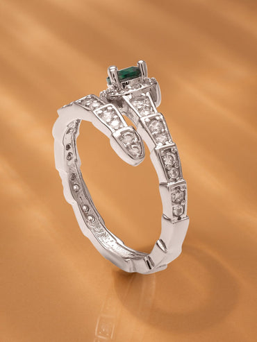 Rubans Voguish Rhodium-Plated Stainless Steel Tarnish-Free Waterproof Adjustable Ring with Emerald Green Stone and Cubic Zirconia Detailing Rings