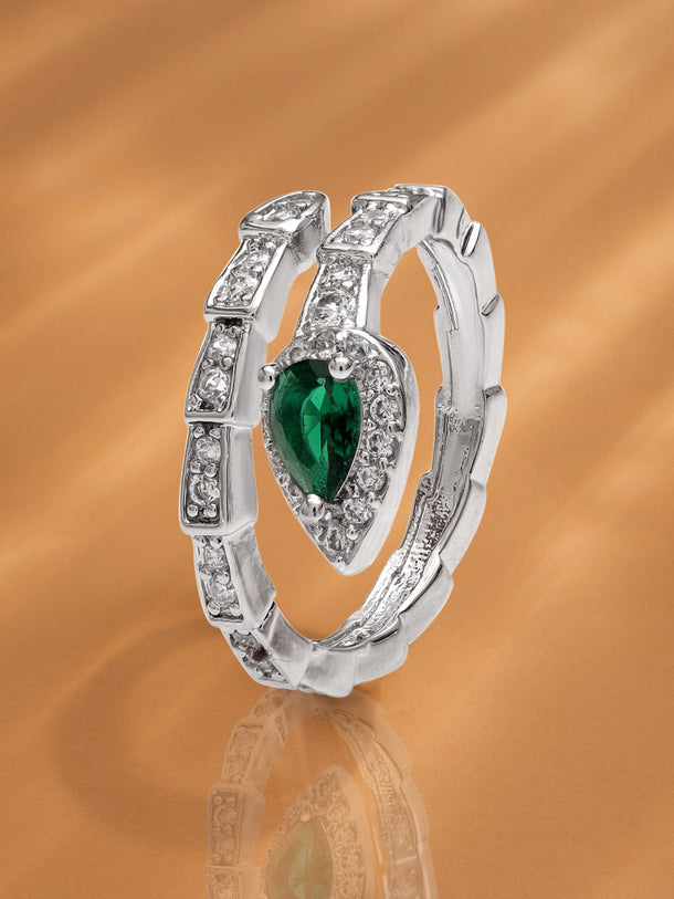 Rubans Voguish Rhodium-Plated Stainless Steel Tarnish-Free Waterproof Adjustable Ring with Emerald Green Stone and Cubic Zirconia Detailing Rings