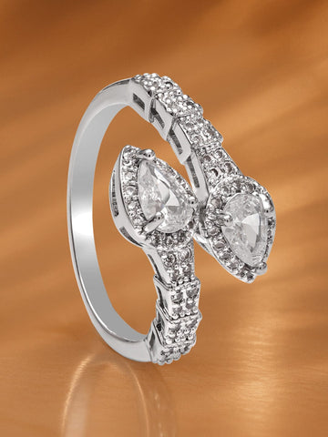 Rubans Voguish Rhodium-Plated Stainless Steel Tarnish-Free Waterproof Adjustable Ring with Twin Pear-Shaped Cubic Zirconia Detailing Rings