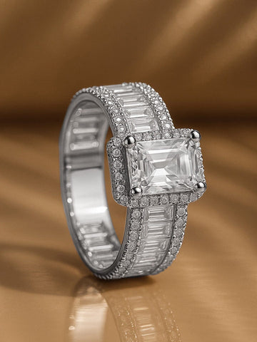 Rubans Voguish Rhodium-Plated Stainless Steel Tarnish-Free Waterproof Baguette & Solitaire Cubic Zirconia Adjustable Ring Finger Rings