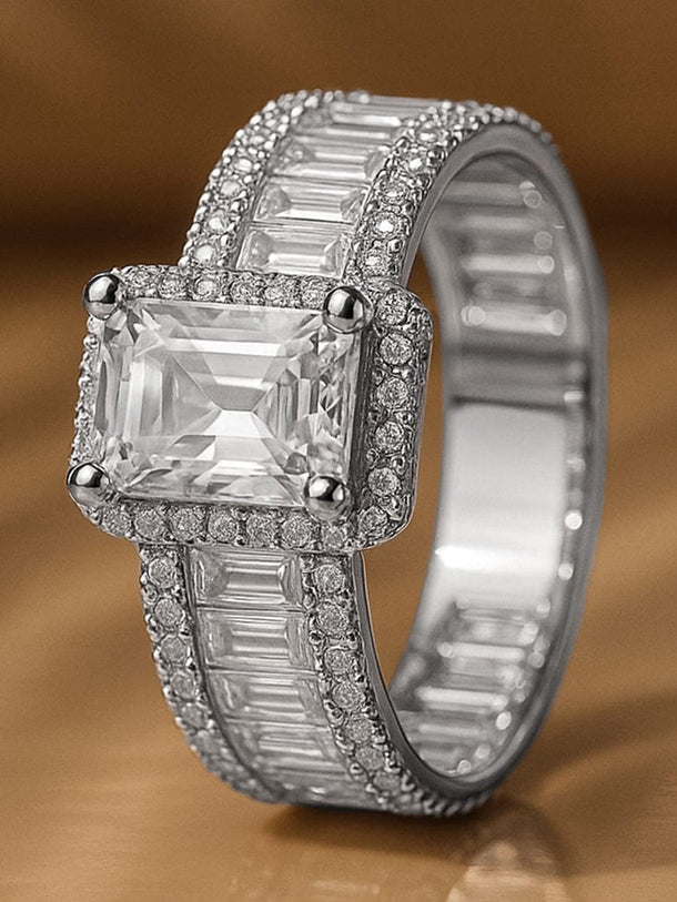 Rubans Voguish Rhodium-Plated Stainless Steel Tarnish-Free Waterproof Baguette & Solitaire Cubic Zirconia Adjustable Ring Rings