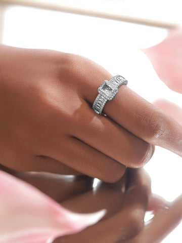 Rubans Voguish Rhodium-Plated Stainless Steel Tarnish-Free Waterproof Baguette & Solitaire Cubic Zirconia Adjustable Ring Rings